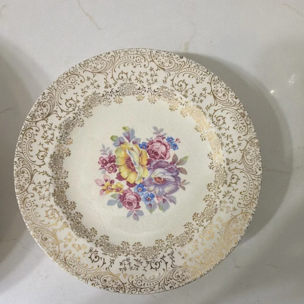 Ivory & Gold Floral Scroll Rim Round Ceramic Glossy set (see pics for quantity)